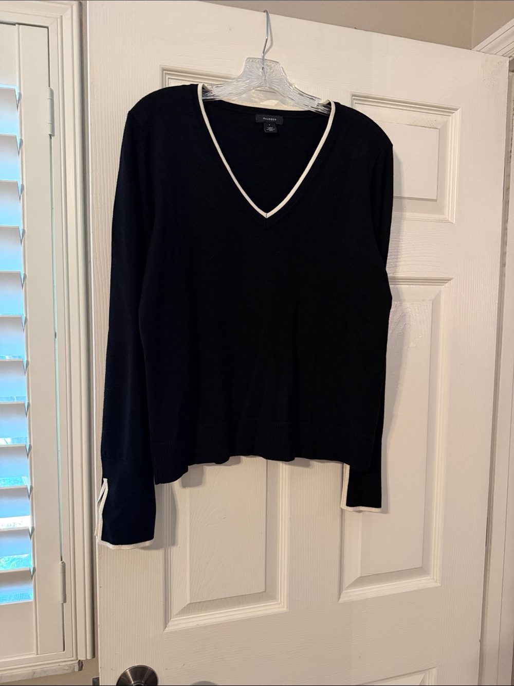 Halogen Black V-Neck Sweater with White Trim